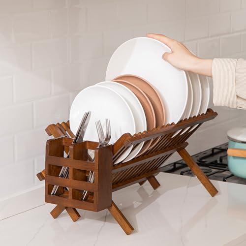 Teak Folding 2-Tier Dish Rack with Utensil Holder - Collapsible Kitchen Drying Stand