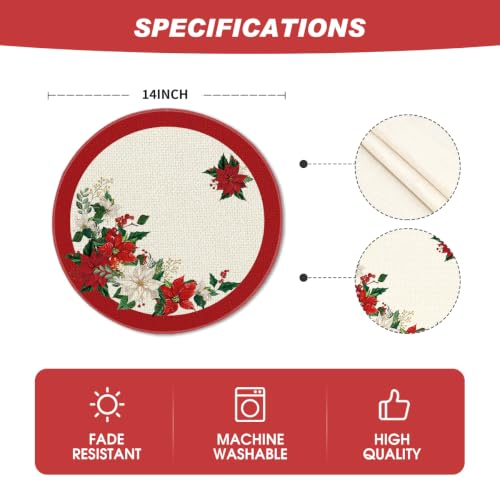 Artoid Mode Beige Leaves Poinsettia Round Placemats Set of 6 14 Inch Christmas Table Decor
