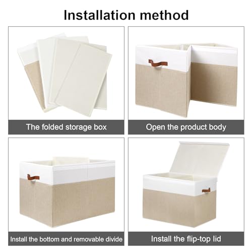 Large Toy Storage Box with Lid and Divider - 26x17x17 Inches Beige White