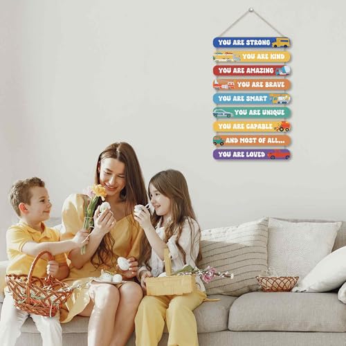 MONALET Inspirational Construction Cars Wall Art Decor for Boys Room Nursery Baby Kids Playroom Bedroom Door, Motivational Hanging Wood Signs Decorations, Positive Affirmations Wooden Plaque, 12x19