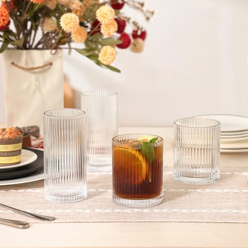 Moretoes Ribbed Glass Cups Set of 12 - 12oz & 13oz Vintage Drinking Glasses