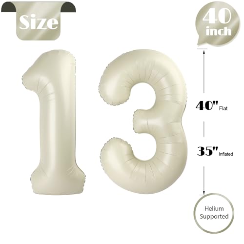Cream Number 13 Balloon 40 inch, 13 Number Balloons, 13th Cream Birthday Decorations, 13 Year Old Girls Boys White Party Supplies