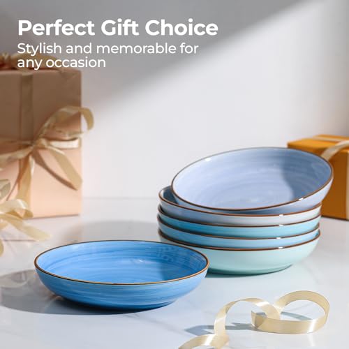 8.5 Inch Pasta Bowls Set of 6 - Gradient Blue Ceramic Salad & Soup Bowls