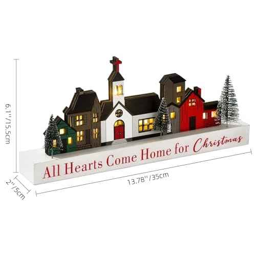 LED Lighted Christmas Village Decor, Rustic Wooden Merry Christmas Sign, Farmhouse Xmas Party Holiday Decor Centerpiece for Tiered Tray Mantel Home (6 buildings)