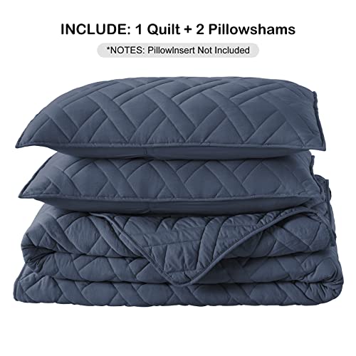 Dark Navy Blue King Quilt Set with Pillow Shams - Geometric Diamond Pattern, Ultra Soft All-Season Bedspread, 3 Pieces