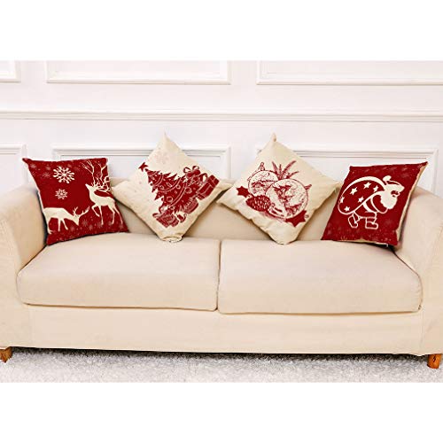Ogrmar 4PCS 18"x18" Throw Pillow Covers Christmas Decorative Couch Pillow Cases Cotton Linen Square Cushion Cover for Sofa, Couch, Bed (Red and Beige)