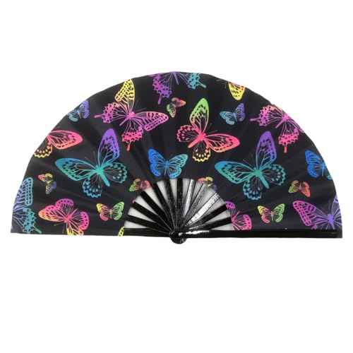 Folding Fan UV Glow Rave Bamboo Summer Hand Fan Butterfly Decoration Dancing Party Wedding Night Club Concert Festival Large (Multicoloured-10, M)
