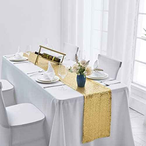 2 Packs 12 x 108 inches Gold Sequin Table Runner, Glitter Gold Table Runner for Wedding Birthday Bachelorette Holiday Party Supplies Decorations Bridal Shower Baby Shower