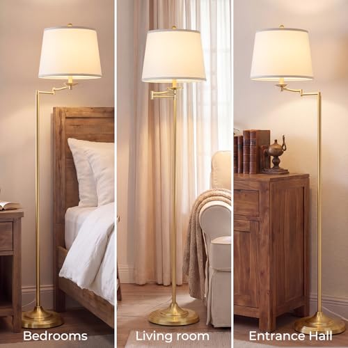 Vintage Floor Lamp with Swing Arm & 3-Way Bulb - Gold with White Shade, 61"