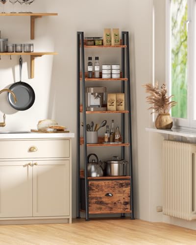 Furologee Rustic Brown 6-Tier Ladder Shelf with Fabric Drawer - Tall Storage Bookcase