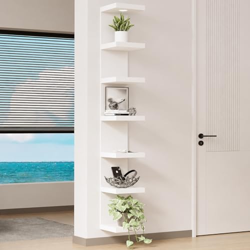 LitaEther 7-Tier White Wall Shelf with LED Remote Control Light - Floating Storage & Display Shelf