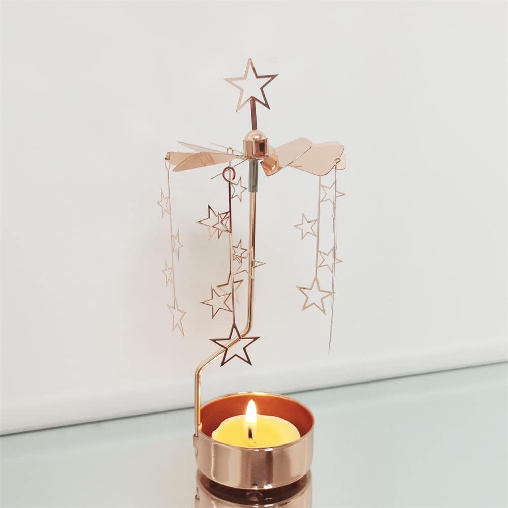 Kingnero Rotary Candle Holder - Spinning Tea Light Carousel in Rose Gold Star | Perfect Small Gift
