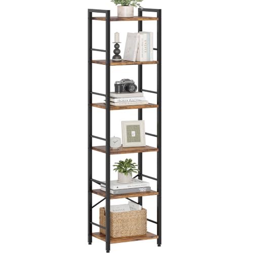 Tall 6-Tier Bookcase with Side Rails - Rustic Brown & Black, Space-Saving Shelving