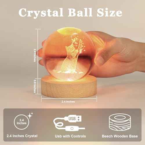 Ideal Cat Gifts, 2.4In Cute Crystal Cat Ball Lamp with Wooden Base, Gifts Ideas for Cats Lover, Girlfriend Mom Girl-Christmas, Birthday, Mothers Day, Cute Cats Decor for Home Office Bedroom