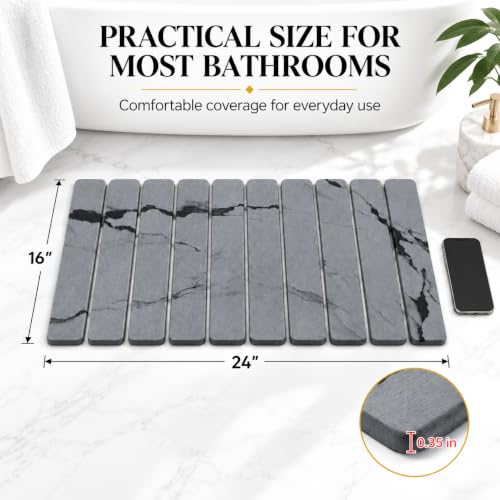 Dark Gray Rollable Stone Bath Mat for Bathroom, Quick Dry, Diatomaceous, 24x16 Inches