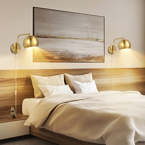 VATONI 2 Pack Gold Dimmable Wall Sconces with Plug-in Cord & Knob Switch, Swing Arm, Globe Lights for Bedroom Hallway