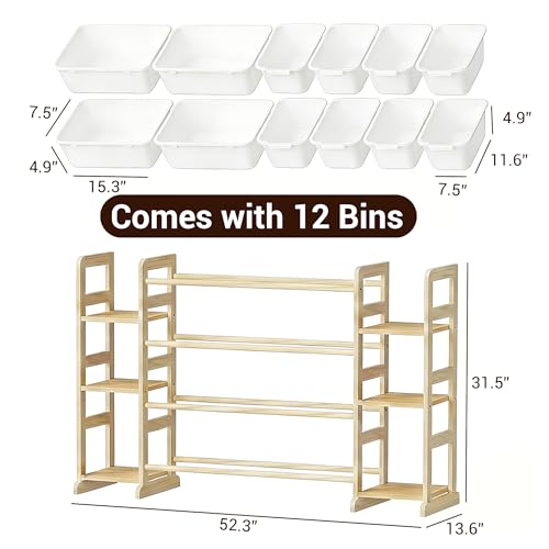 White Kids Toy Storage Organizer with 12 Bins - Montessori Design, 52.3" Wide, 6 Shelves