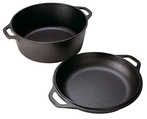 Lodge Cast Iron Double Dutch Oven - Pre-Seasoned 2-in-1 Cast Iron Cookware - Pot & Skillet Combo - Even Heat Retention - Oven-Safe, Versatile Pot - 5 Quart