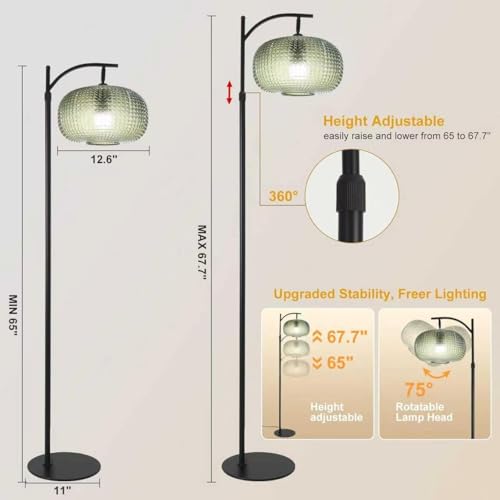 Dark Green Floor Lamp with Remote Control & Dimmable Green Lampshade - Vintage Mid-Century Modern Tall Standing Light for Living Room & Bedroom - Black+Dark Green