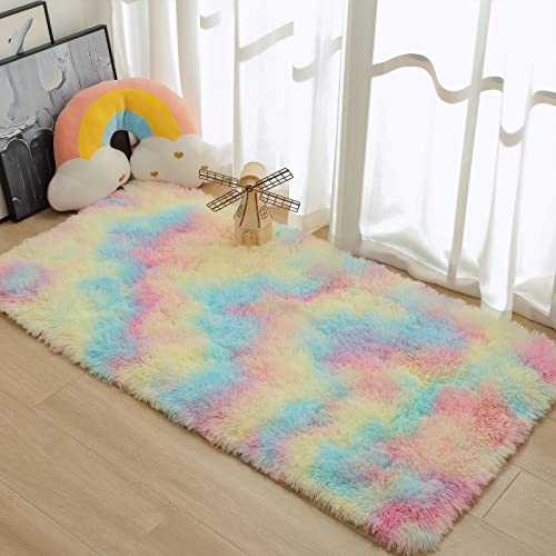 AROGAN Soft Rainbow Area Rugs for Girls Room 2x4 Feet, Fluffy Girls Bedroom Rugs, Princess Rug, Cute Colorful Carpet for Kids Teens Nursery Toddler, Pink