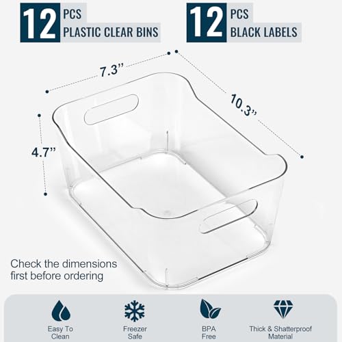 Large Clear Plastic Storage Bins Set of 12 with Labels - Multi-Use Organizers for Kitchen, Pantry, Bathroom, Office, RV