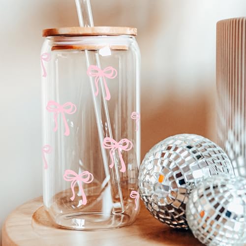 BIPEDS Coquette Pink Bow Glass Cup with Lids & Straws - Bow Pink 01