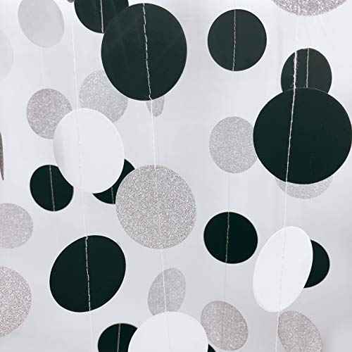 Black White Hanging Paper Party Garlands Glitter Silver Circle Dots Baby Shower Birthday Ceiling Hangings Wedding Bridal Shower Halloween Party Decorations, 26ft