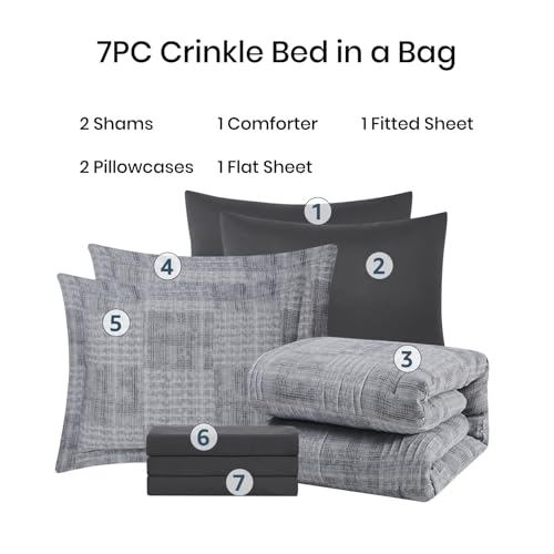 MaiRêve Oversized Queen Crinkle Texture Bedding Set 7 Pieces Charcoal Grey