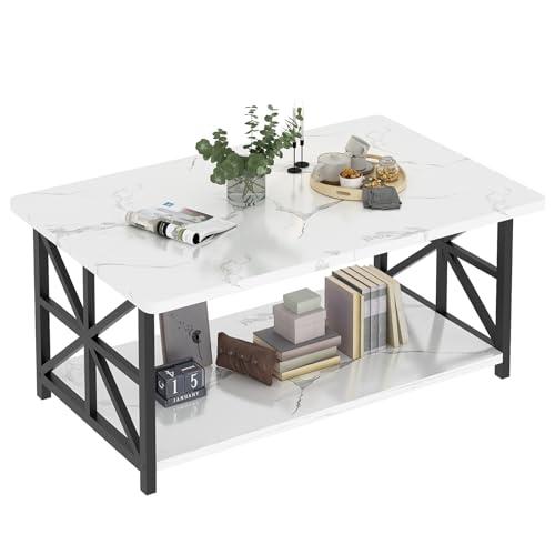 AWQM White Faux Marble 2-Tier Coffee Table with Round Corners & Storage Shelf