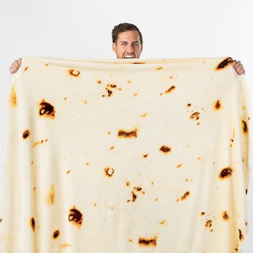 PAVILIA Burrito Tortilla Blanket, Double Sided Taco Flour Wrap Novelty Throw for Adult Kid Teen, Realistic Food Blanket, Funny Gag Gift for Birthday, Beige Flour 80in