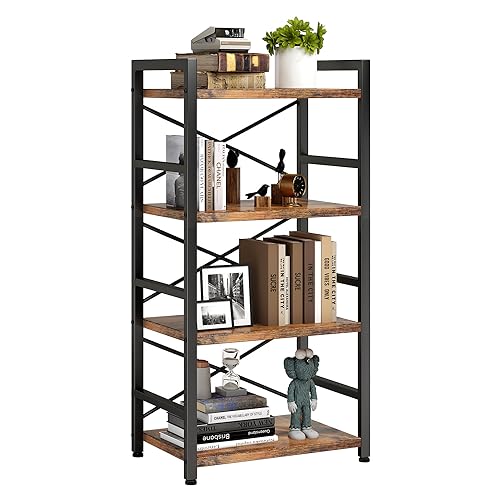 Homeiju 4-Tier Rustic Metal Bookshelf - Small Storage Organizer for Living Room & Bedroom
