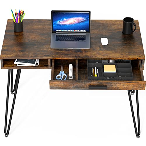 Rustic Brown Hairpin Leg Desk with Drawer - Modern Home Office Table