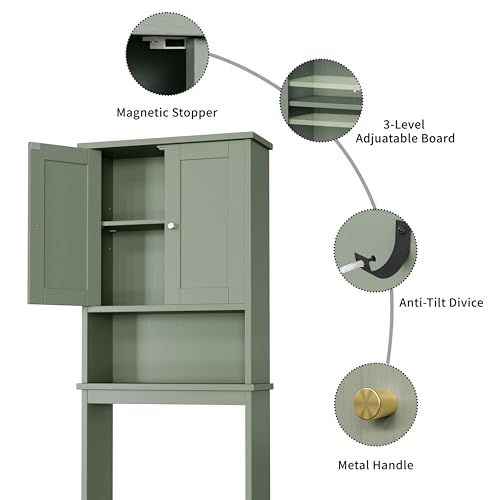 Shintenchi Over the Toilet Storage Cabinet - Green Bathroom Shelving with Adjustable Shelves and Doors
