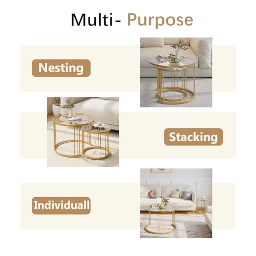 Garden 4 You Gold Glass Nesting Coffee Tables Set of 2 - Space-Saving Round Side Tables for Living Room & Bedroom