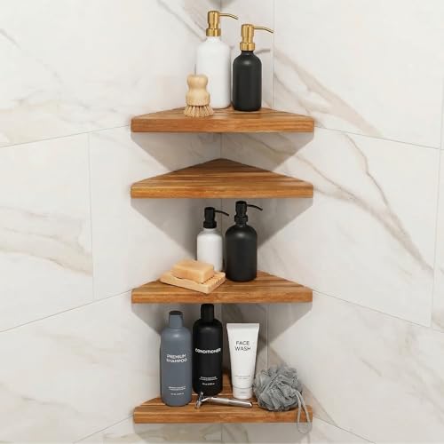 ENKEZI 4-Tier Corner Shower Shelf Set Triangular Wooden Bathroom Storage