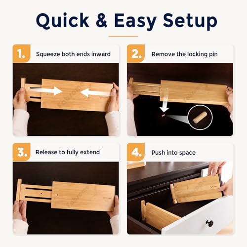 Fabsome Bamboo Drawer Dividers 6 Pack for 17-22 inch Deep Drawers - Adjustable Nursery & Clothing Organizer