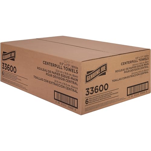Genuine Joe Centerpull Towels 8.13 x 7.56 Inches, 1-Ply, 600 Sheets/Roll, 6 Count - Soft Absorbent Bathroom Towels