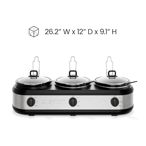 Chefman 7.5 Quart Triple Slow Cooker & Food Warmer - 3 Crocks, Stainless Steel