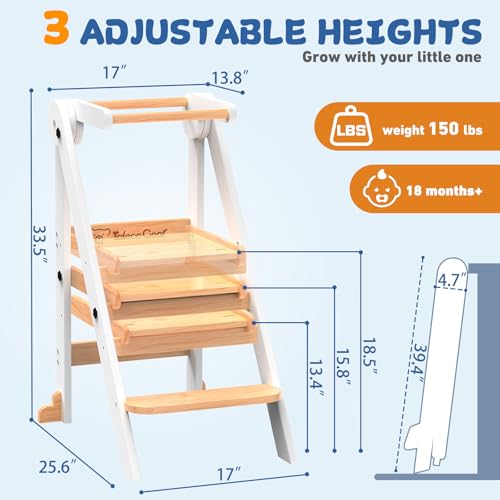 Doerpuz White Foldable Toddler Kitchen Tower with 3 Adjustable Heights