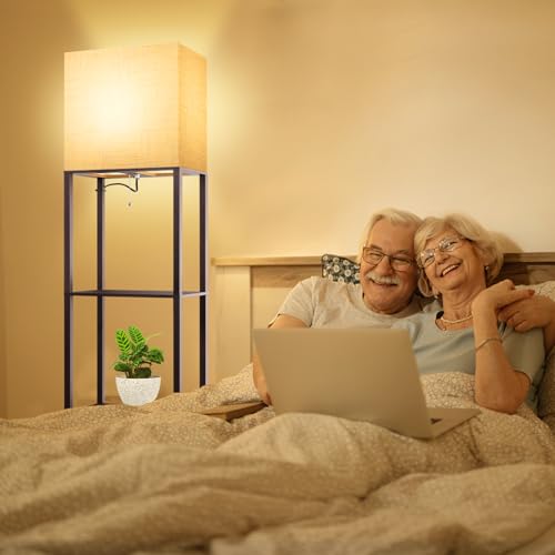 RUNTOP Plus Walnut Floor Lamp with Shelves, 15W LED, 3 Color Temp, Memory Function