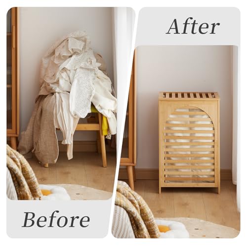 Kitsanery Large Waterproof Bamboo Laundry Hamper with Lid & Removable Washing Bags - Natural