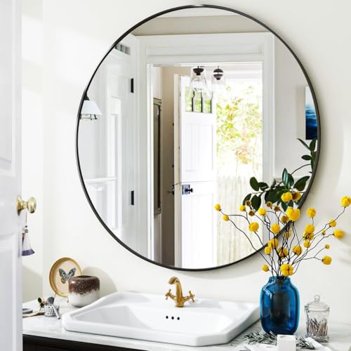 VooBang 30-Inch Black Round Bathroom Mirror with Thin Metal Frame Wall Mount