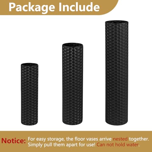 Set of 3 Black Tall Metal Floor Vases with Honeycomb Texture - Modern Decor