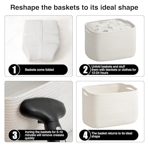 Off White Storage Baskets for Organizing & Shelves - 15"L x 11"W x 9.5"H, 4-Pack Cotton Rope Bins