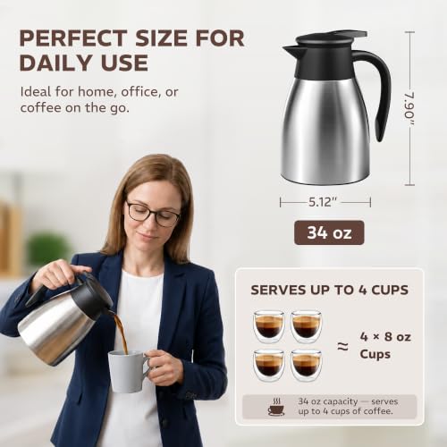 Gezoss Stainless Steel 34oz Insulated Thermal Coffee Carafe - Keeps Hot & Cold