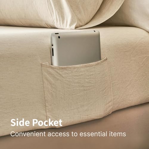 King Size Cotton Linen Bed Sheet Set with Deep Pockets - Natural Linen, 4 Piece