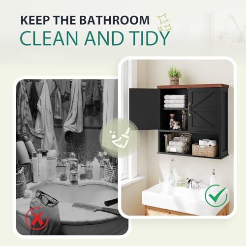 Smuxee Black Farmhouse Wall Mounted Bathroom Cabinet with Adjustable Shelves