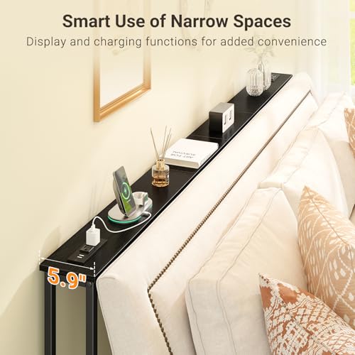 Narrow Console Table with Outlets - 78.8 Inch Black Sofa Behind Couch