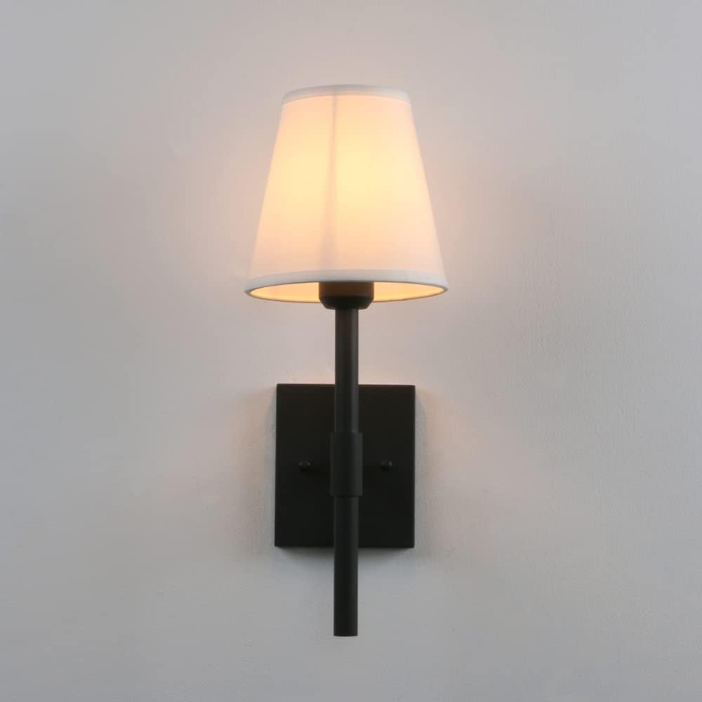Pathson Set of 2 Hardwired Bathroom Wall Sconces with White Fabric Shade, Cloth Wall Mounted Lighting for Living Room Bedroom Hallway Matte Black Finish Base