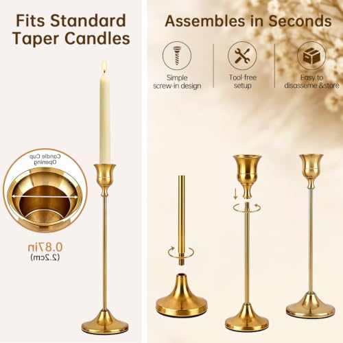 36PCS Gold Brass Taper Candle Holders Set - Vintage Metal Layered Design - Includes 3 Heights